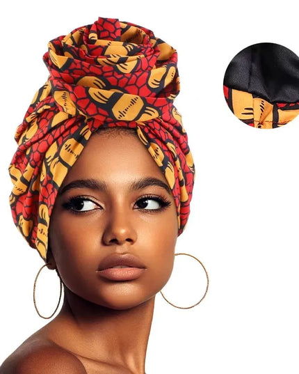 Woman African Satin Lined Turban Cap Big Flower Hat Floral Printed Headwrap Bonnet Muslim Headscarf Ladies Beanies
