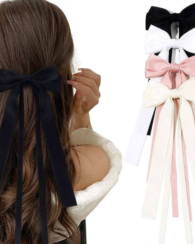 Korean Solid Color Ribbon Double Bowknot Hair Clips for Women Girls Trendy Big Bow Long Tassel Silver Barrettes Pin Accessories