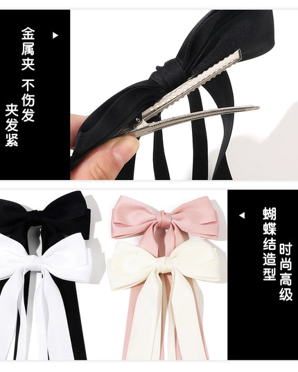Korean Solid Color Ribbon Double Bowknot Hair Clips for Women Girls Trendy Big Bow Long Tassel Silver Barrettes Pin Accessories