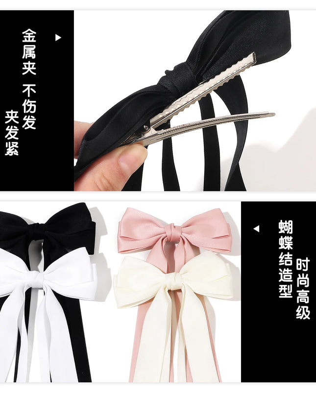 Korean Solid Color Ribbon Double Bowknot Hair Clips for Women Girls Trendy Big Bow Long Tassel Silver Barrettes Pin Accessories