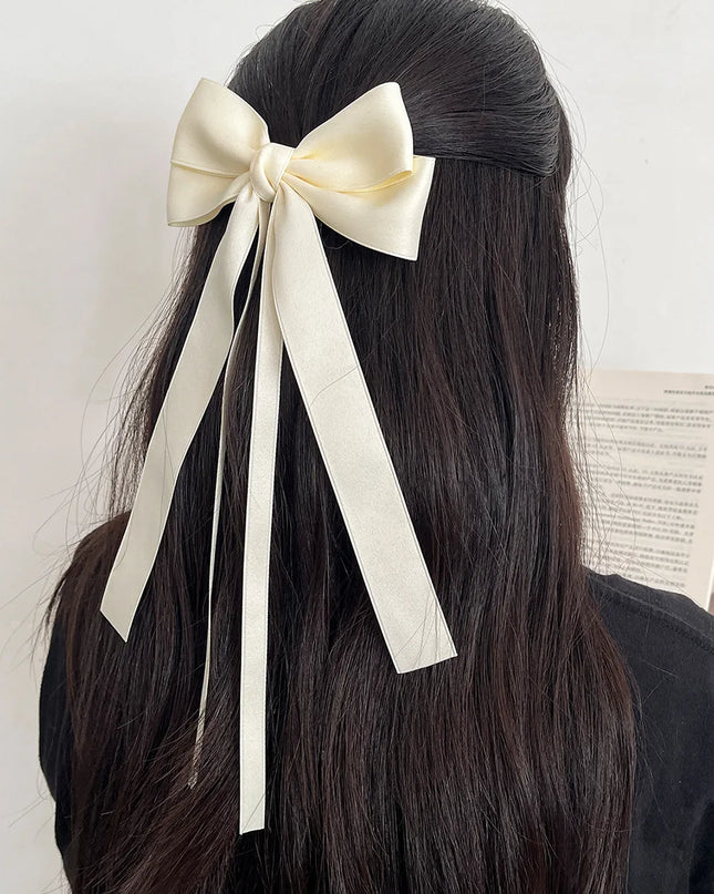 Korean Solid Color Ribbon Double Bowknot Hair Clips for Women Girls Trendy Big Bow Long Tassel Silver Barrettes Pin Accessories