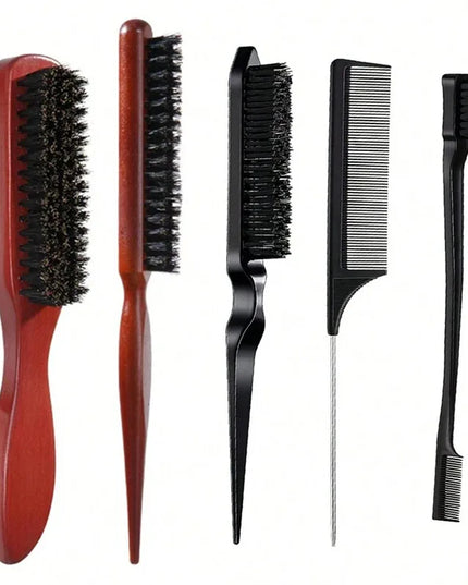 5Pcs Boar Bristle Hair Brush Comb Set Edge Control Brush Teasing Combs Beard Shaving Brushes for Smooth Hair Parting Flyaways