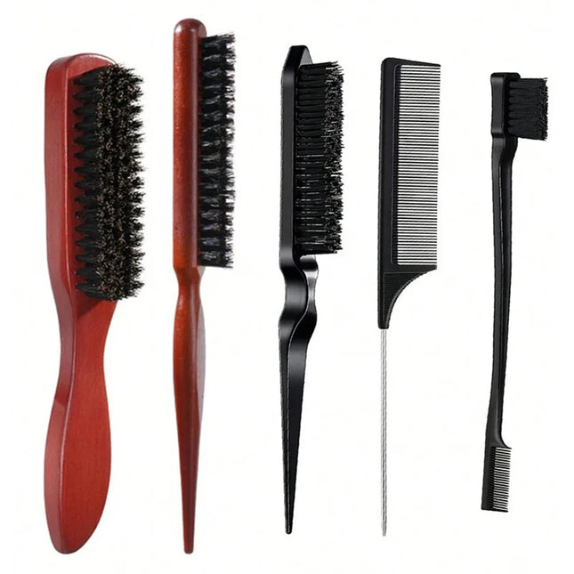 5Pcs Boar Bristle Hair Brush Comb Set Edge Control Brush Teasing Combs Beard Shaving Brushes for Smooth Hair Parting Flyaways