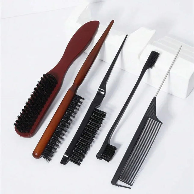 5Pcs Boar Bristle Hair Brush Comb Set Edge Control Brush Teasing Combs Beard Shaving Brushes for Smooth Hair Parting Flyaways