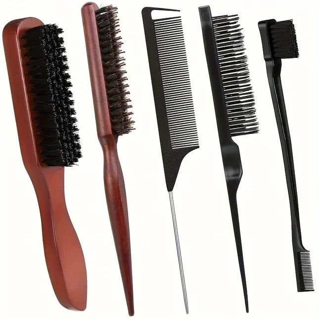 5Pcs Boar Bristle Hair Brush Comb Set Edge Control Brush Teasing Combs Beard Shaving Brushes for Smooth Hair Parting Flyaways