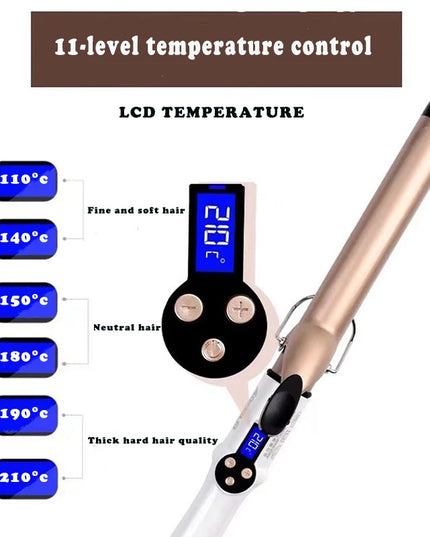Temperature Setting Electric Hair Curler Long Curling Tong Wand 9-38Mm Professional Hair Curling Iron LCD Screen
