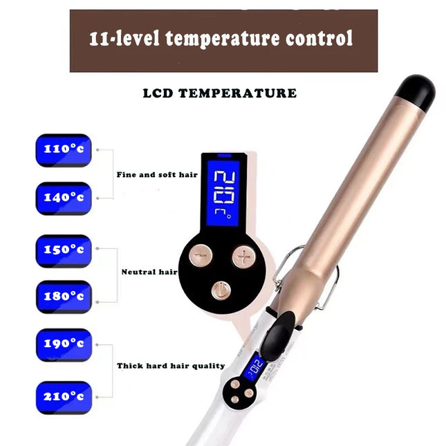 Temperature Setting Electric Hair Curler Long Curling Tong Wand 9-38Mm Professional Hair Curling Iron LCD Screen