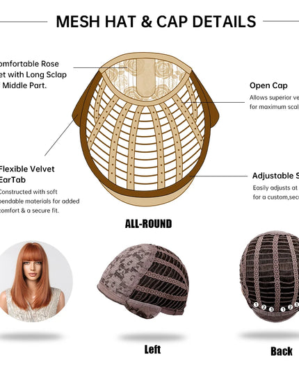 Copper Ginger Synthetic Wigs with Bangs Medium Length Straight Hair Wig for Women Daily Cosplay Natural Heat Resistant
