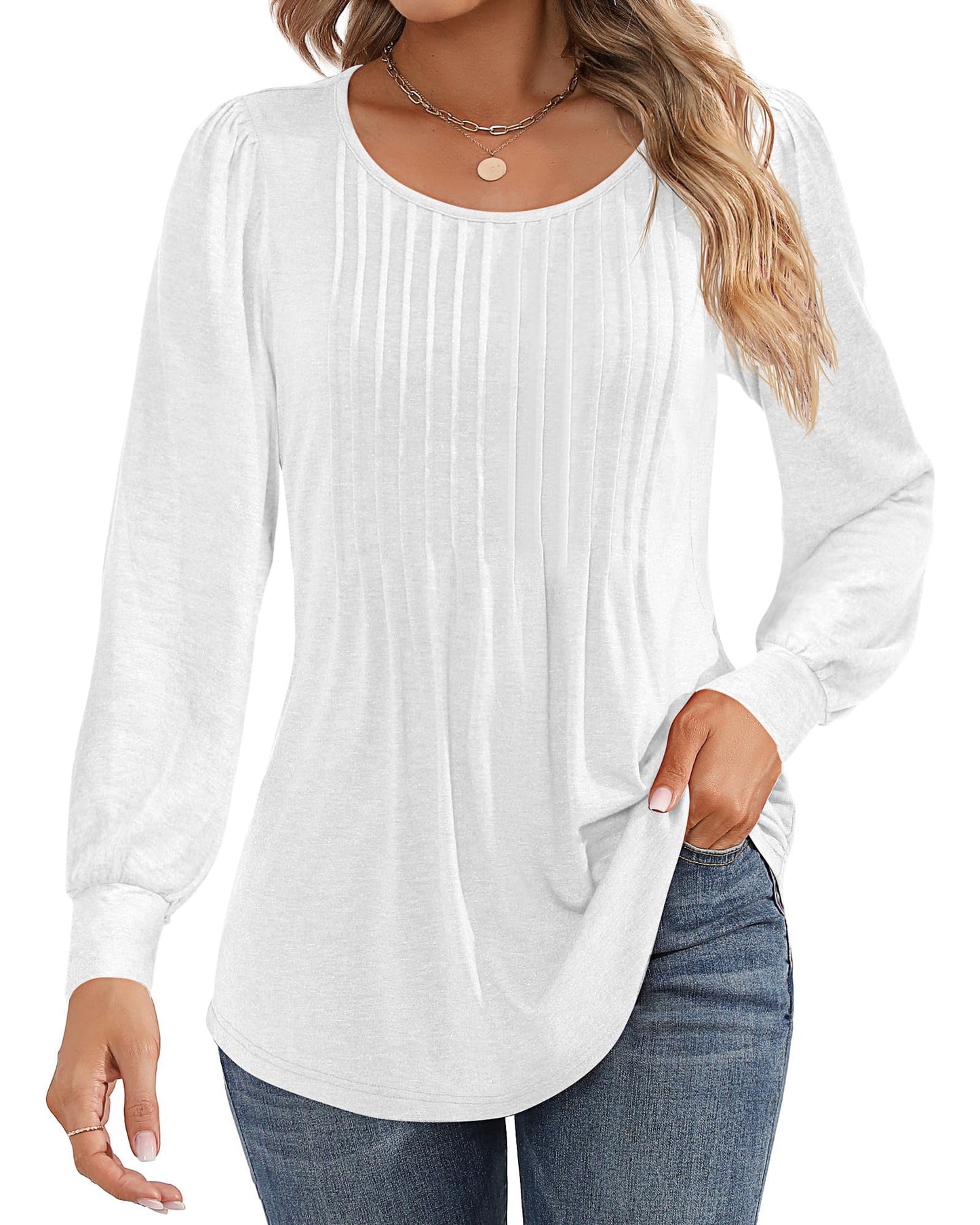 Blouses for Women Pleated Long Sleeve Shirts Crew Neck 