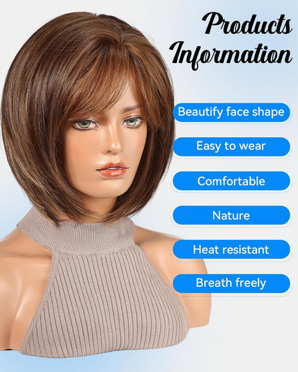 Bob Wigs for Women Synthetic Wig with Fringe Brown Color