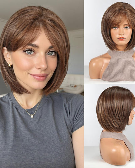 Bob Wigs for Women Synthetic Wig with Fringe Brown Color