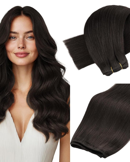 Sew in Hair Extensions Real Human Hair, Weft Hair Extensions Human Hair, #2 Dark Brown 16 Inch 80G Double Weft Remy Silky Sew in Weft Hair Extension Human Hair