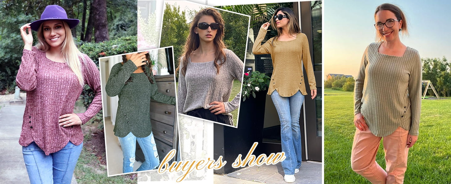 Square Neck Tops for Women Long Sleeve Dressy Blouses Button Side Tunic Shirts