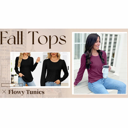 Blouses for Women Pleated Long Sleeve Shirts Crew Neck 