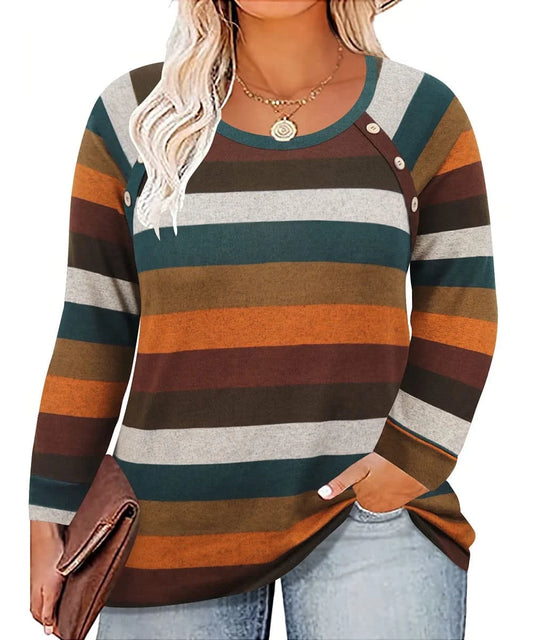 plus Size Long Sleeve Tops for Women Solid Striped 