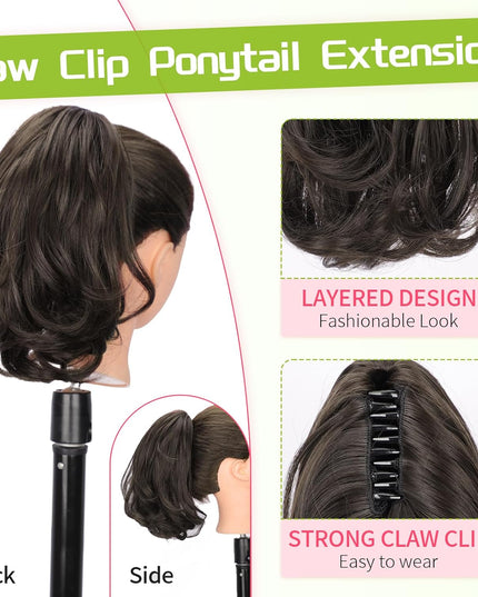 Ponytail Extension, 10" Short Claw Clip in Pony Tails Hair Extensions Curly Wavy Synthetic Drawstring Ponytail Hairpieces for Women Girls Dark Brown