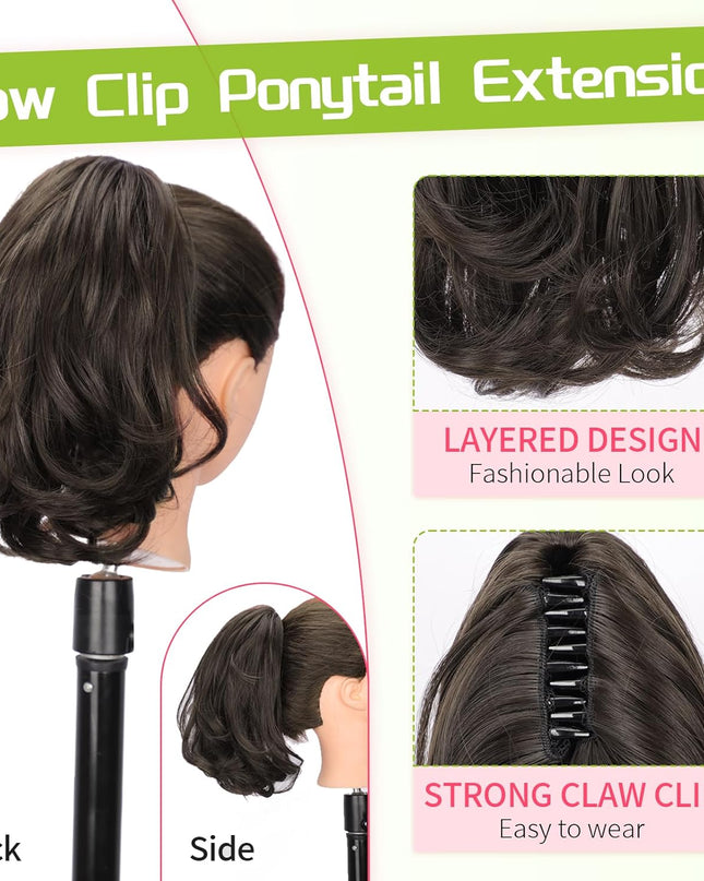 Ponytail Extension, 10" Short Claw Clip in Pony Tails Hair Extensions Curly Wavy Synthetic Drawstring Ponytail Hairpieces for Women Girls Dark Brown