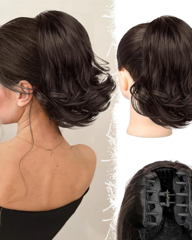 Ponytail Extension, 10" Short Claw Clip in Pony Tails Hair Extensions Curly Wavy Synthetic Drawstring Ponytail Hairpieces for Women Girls Dark Brown